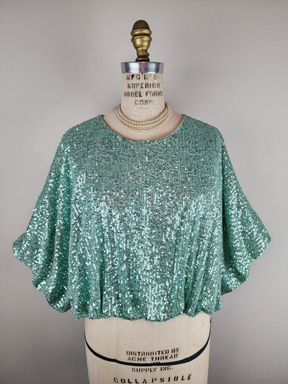 Endless Rose Wintergreen Cropped Bubble Hem Sequin Dramatic Sleeves